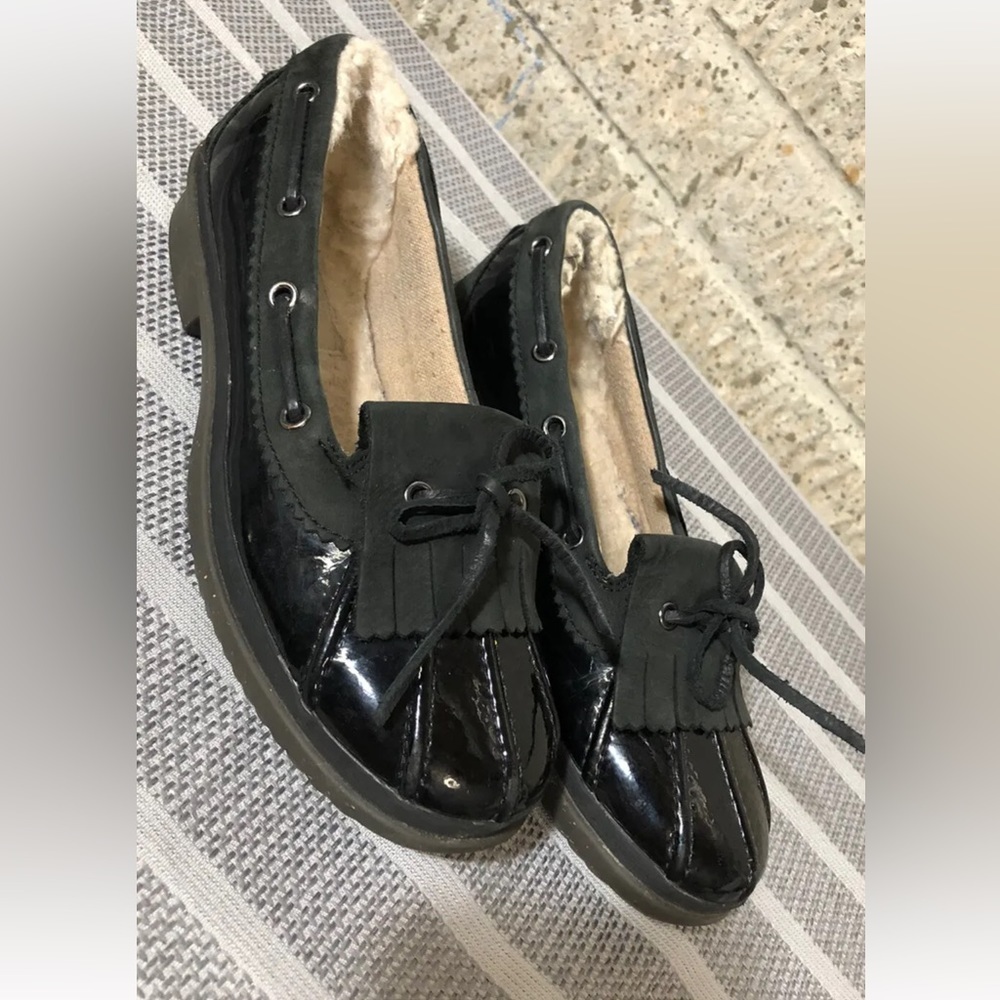 UGG Black Patent Leather Shearling-Lined Moccasin Boots